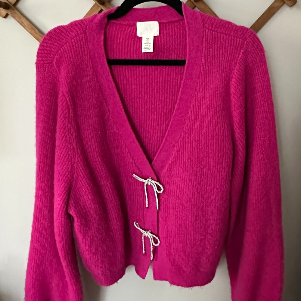 H&M Fuschia Crystal Bow Cardigan Sweater